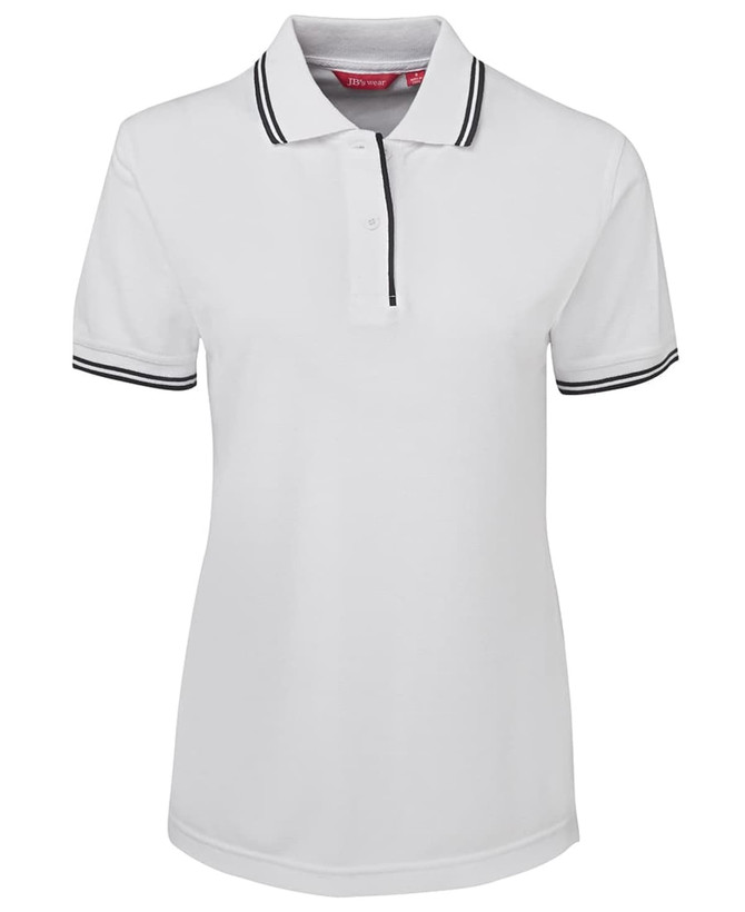 A white ladies' polo shirt with black contrast stripes on the collar and sleeves. It features a logo on the chest.