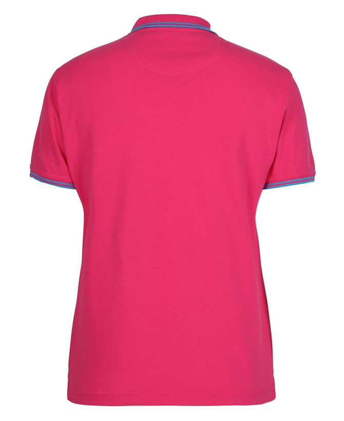 A pink polo shirt with contrast trim and a logo on the back. Suitable for casual or active wear.