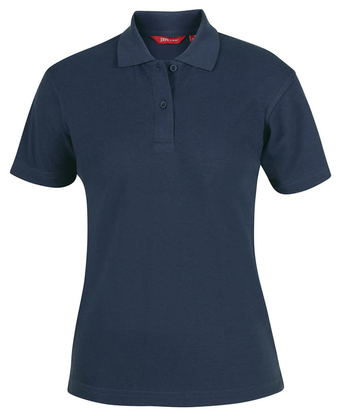 A navy blue ladies polo shirt with a collar and three buttons, featuring a logo on the chest.