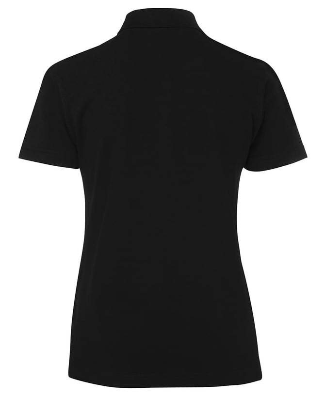 A black polo shirt with a classic collar, featuring a logo on the back.