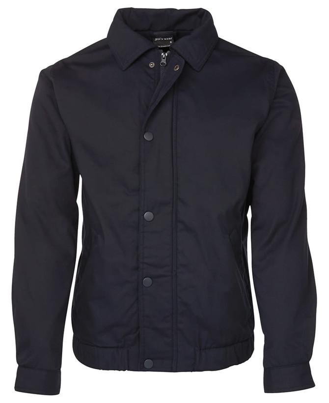 A dark navy polar fleece jacket with a collar and snap-button front, featuring a logo.