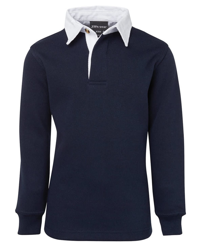 A navy polo shirt with a white collar and long sleeves, featuring a logo on the chest.