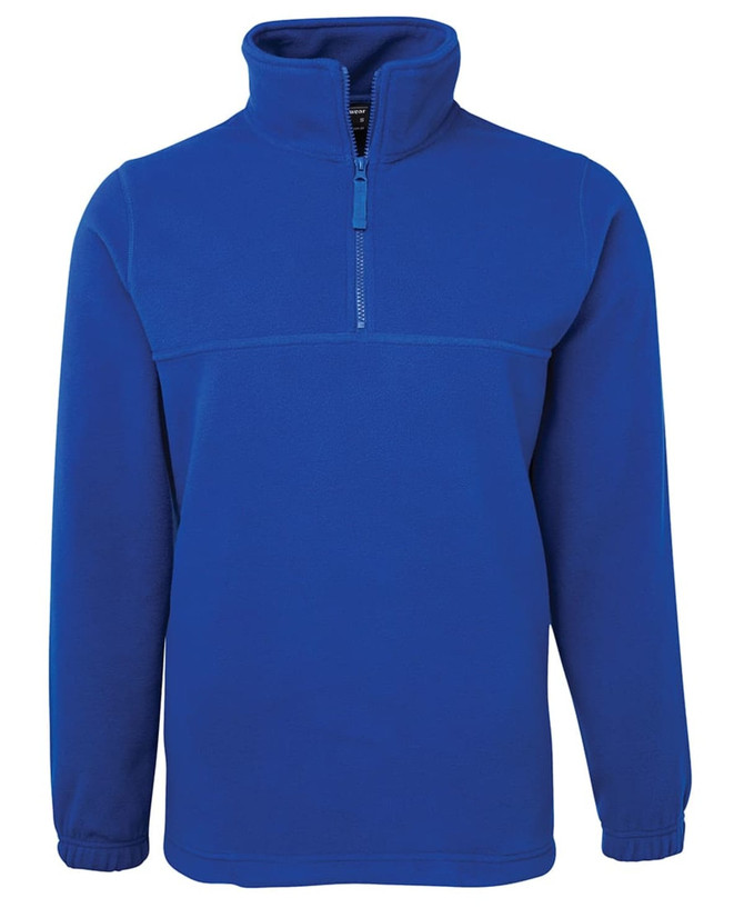 A blue polar fleece jumper with a half zip and long sleeves, featuring a logo on the chest area.