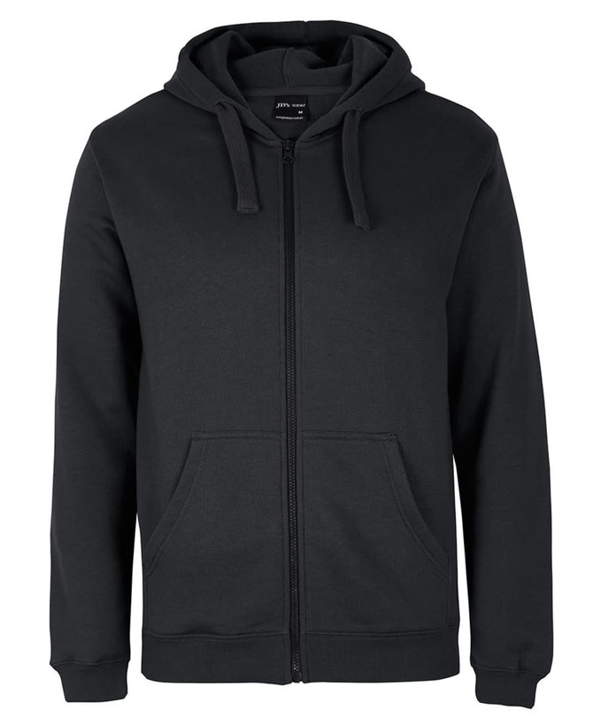A dark green zip-up hoodie featuring a hood and front pockets, with a logo on the label.