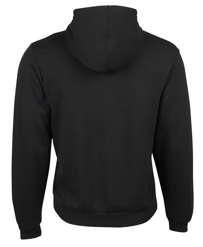 A black hoodie featuring a drawstring hood and a kangaroo pocket at the front. It has a plain back and ribbed cuffs.