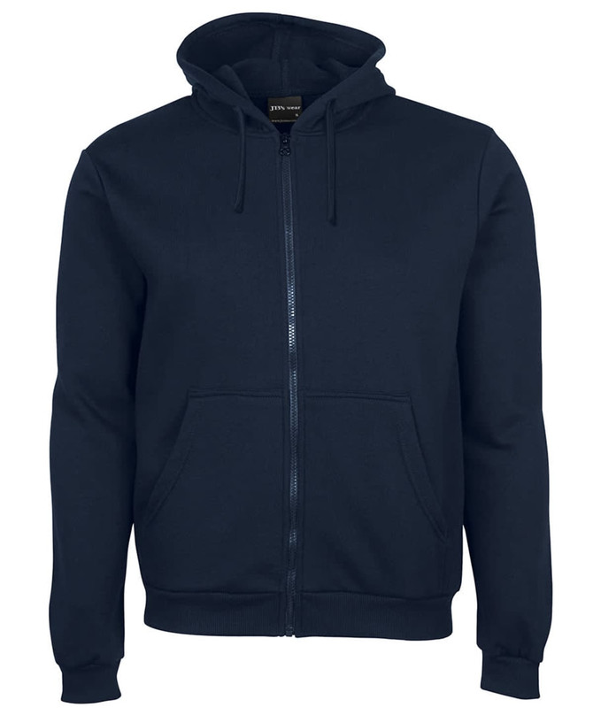 A dark navy hoodie with a zip front, featuring a hood and two front pockets. It has a logo on the interior tag.