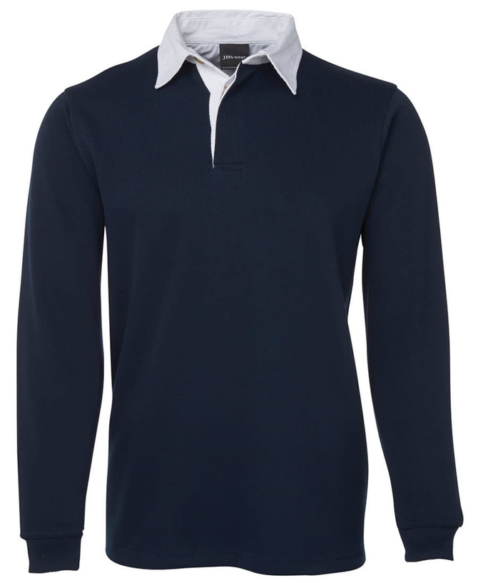A navy polo shirt with a white collar and long sleeves, featuring a logo on the chest.