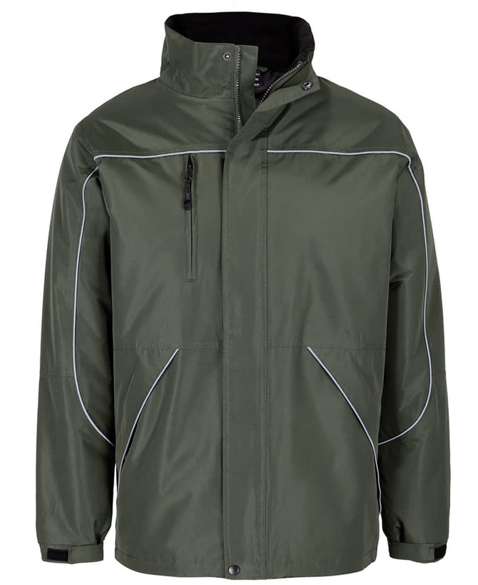 A green rain jacket with a zippered chest pocket and reflective piping, featuring a high collar and brand logo.