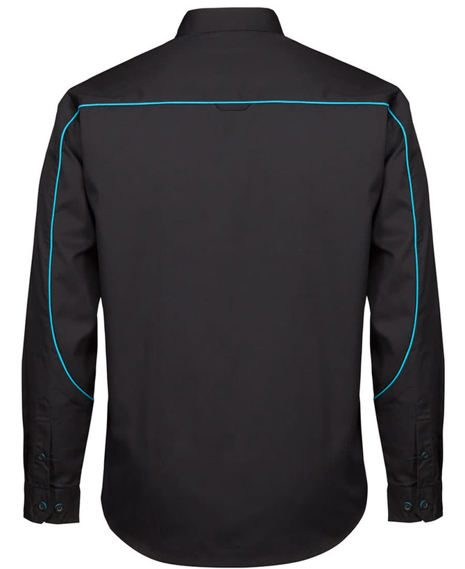 A black long-sleeve button-up shirt with blue piping and a logo on the back.