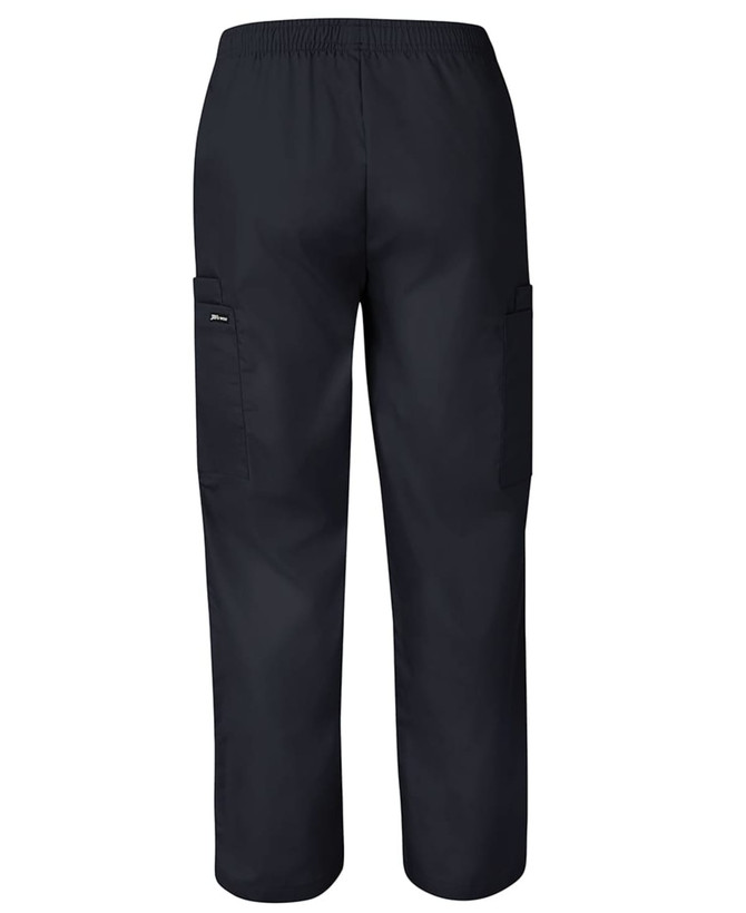 Unisex scrub pants in black with elastic waistband and side pockets. Features branding on the fabric.