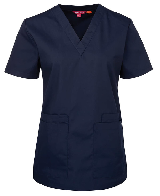 A navy blue scrub top with a V-neck design and two front pockets. It has a logo on the side.