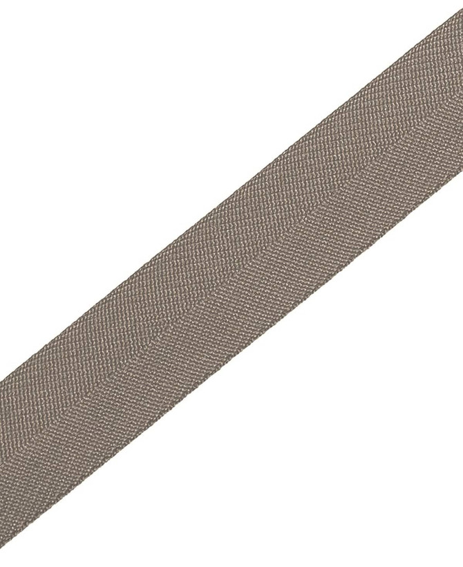 A taupe cross back apron strap with a textured finish, featuring a logo on one side.