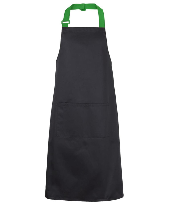 A black apron with a green strap and a front pocket, featuring a logo.