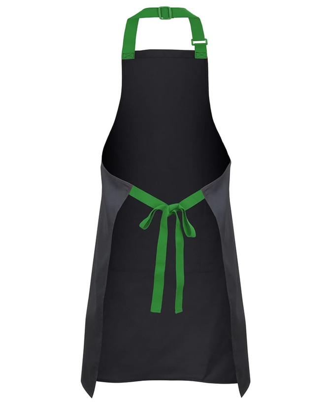 A black apron with green colour straps and ties, featuring a logo. Ideal for workwear use.