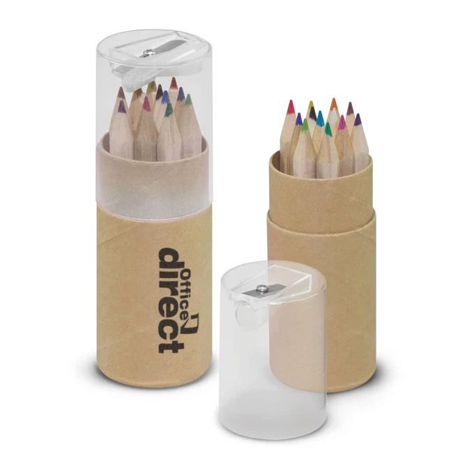 A tube containing coloured pencils in various hues, with a clear lid and a cardboard base, featuring a logo.