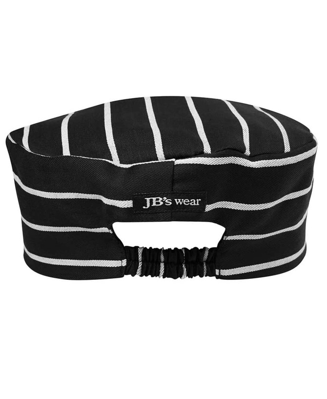 A black and white striped chef's cap with an elastic back and a logo.