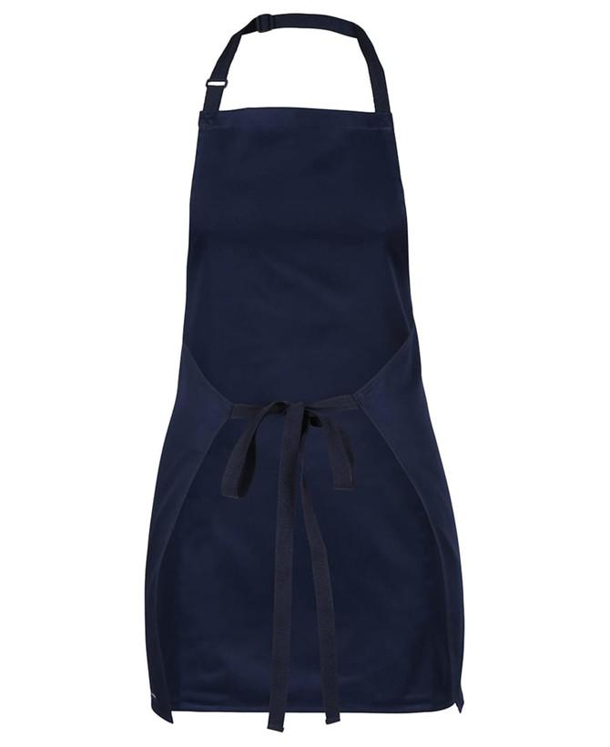 A navy blue workwear apron featuring a central pocket and waist ties, with an adjustable neck strap and a logo.