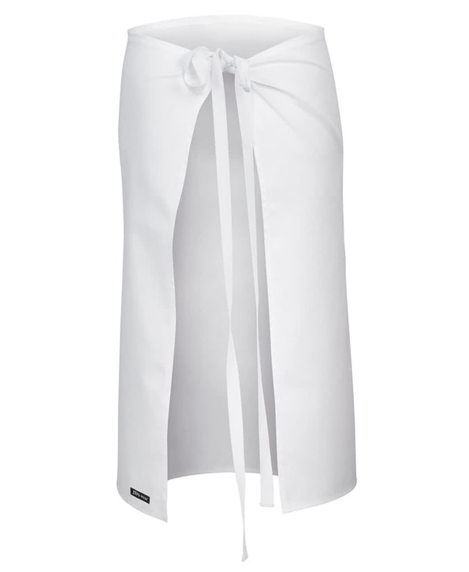 A white apron featuring a front tie and an open design, with a logo detail at the bottom.