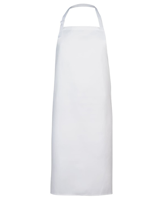A white apron with a halter neck design and adjustable straps, featuring a logo.