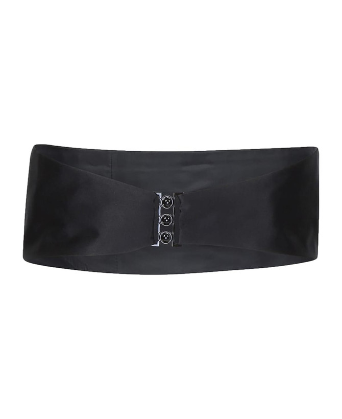 A black satin cummerbund with a sleek design and three-button fastening, featuring a branding logo.