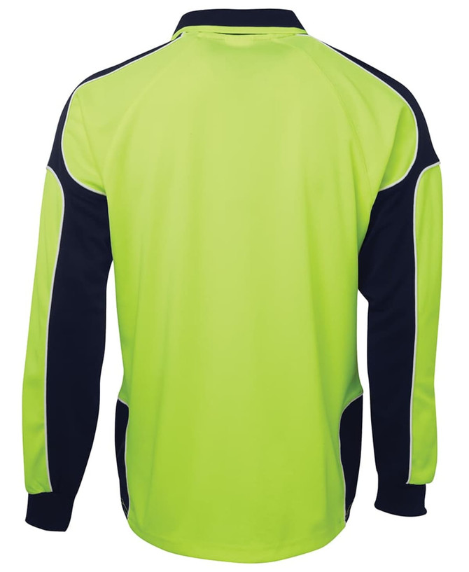 A long-sleeve polo shirt in high visibility yellow and navy, featuring raglan sleeves and branded details.