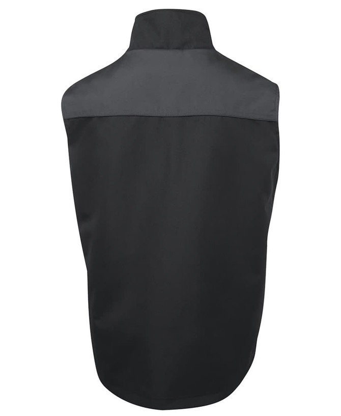 A black vest featuring a contrasting dark grey section at the top and a logo on the back.