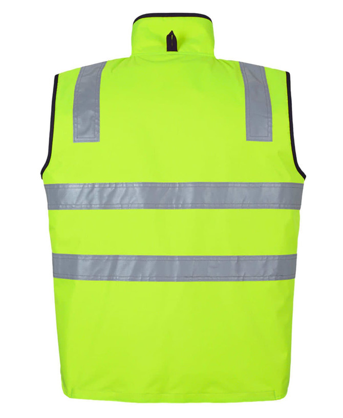 A high visibility vest in fluorescent yellow with two reflective stripes, featuring a collar and a black trim.