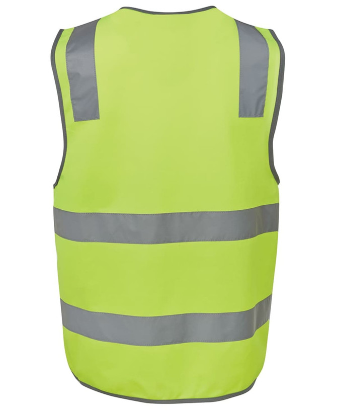 A high-visibility safety vest in bright yellow with reflective grey stripes and a logo.