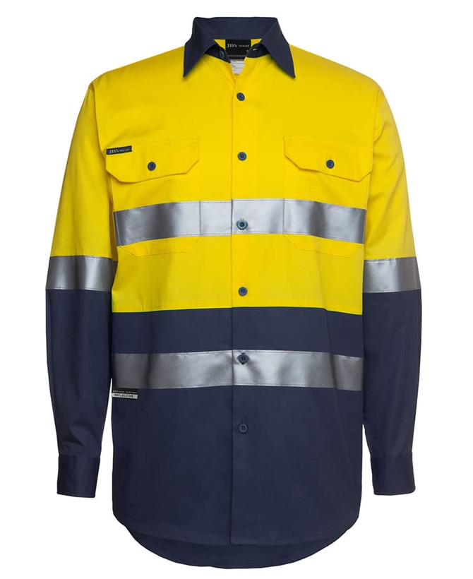 A long-sleeved work shirt in high-visibility yellow and navy, featuring reflective stripes and pocket details.