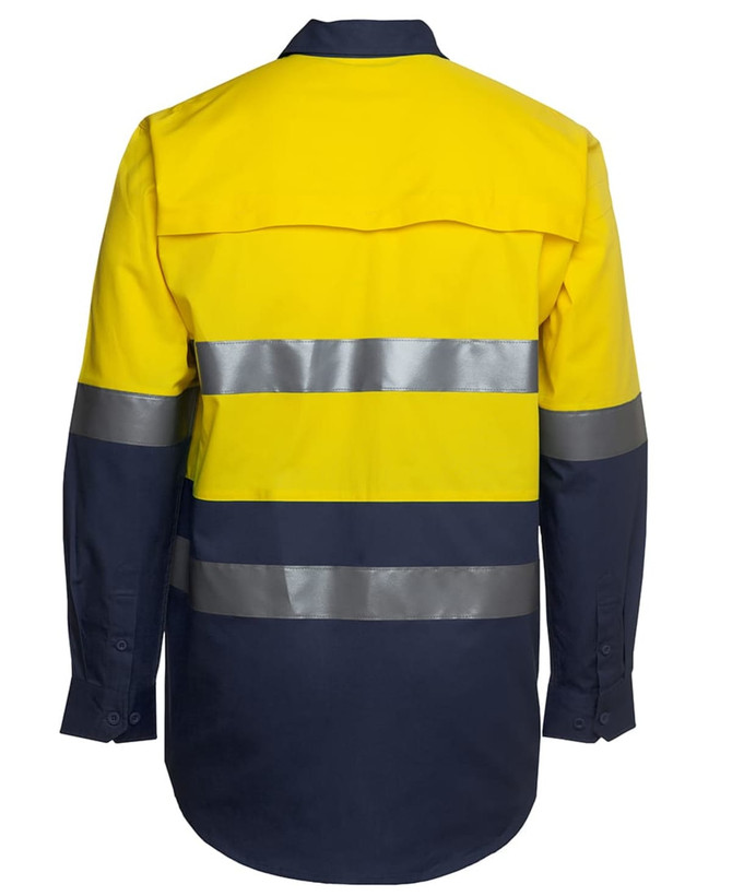 A long-sleeve work shirt in fluorescent yellow and navy, featuring reflective stripes and a partial collar.
