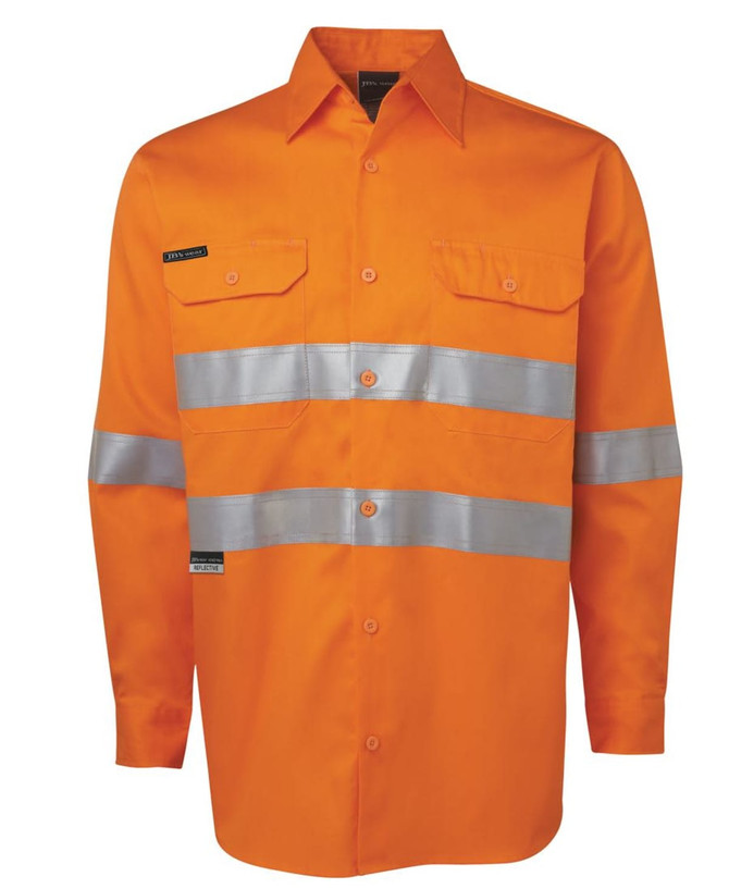 An orange long-sleeve work shirt featuring silver reflective stripes and two chest pockets. It has a logo.