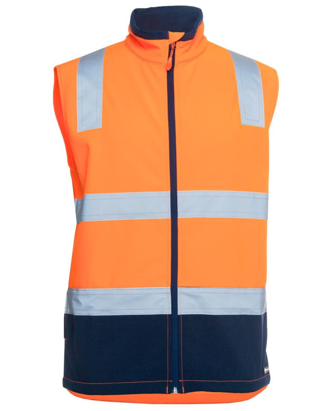 A high-visibility vest in orange and navy, featuring reflective strips and a zip front. It has a logo on it.