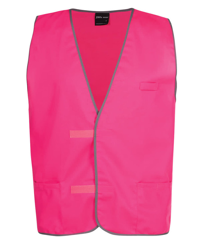 A pink tricot vest with grey trim, featuring pockets and a logo. Suitable for workwear use.