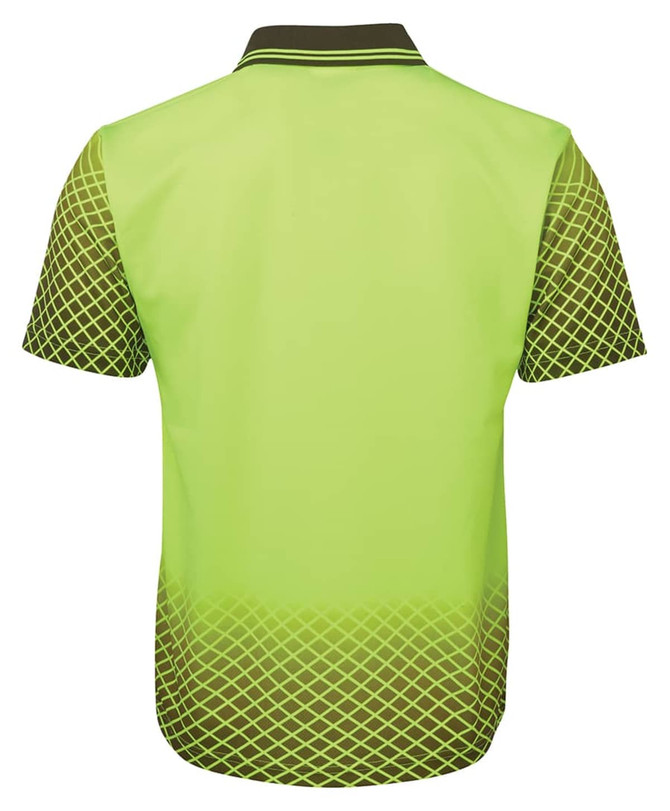 A lime green work polo shirt with a black geometric pattern at the bottom and a collar, featuring a logo.