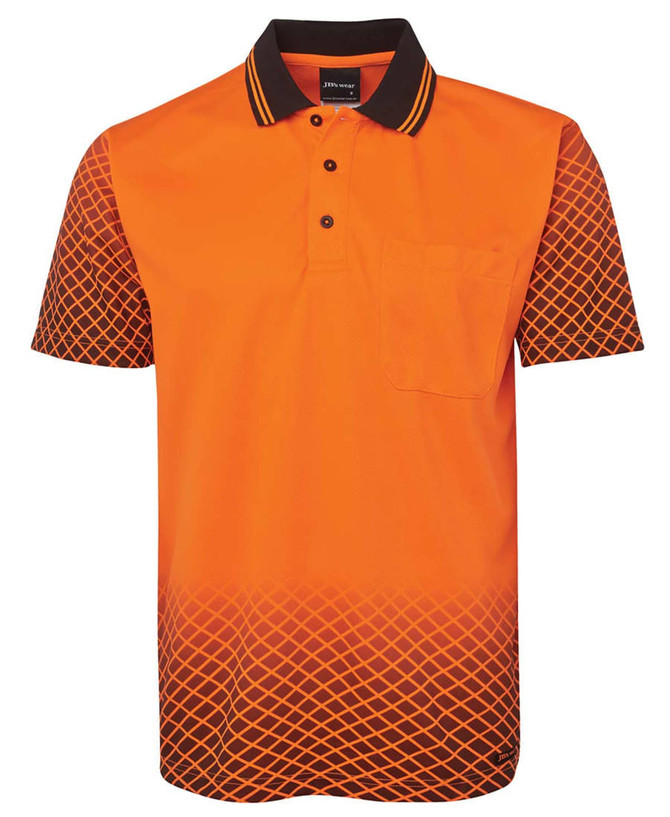 An orange polo shirt with black detailing and a pocket, featuring a diamond pattern on the lower half.