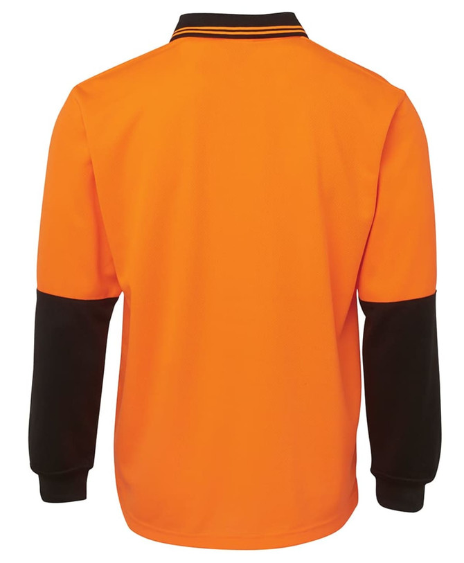 An orange long-sleeve polo shirt with black sleeves and a collar, featuring a logo on the front.