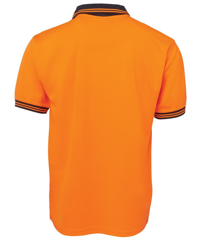 An orange polo shirt with contrasting black-striped detailing on the collar and sleeves. It features a logo.