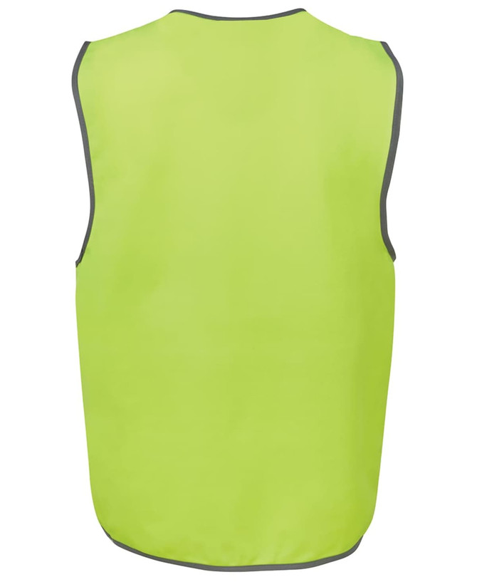 A high-visibility safety vest in bright yellow-green with grey trim and no sleeves. Features a logo.