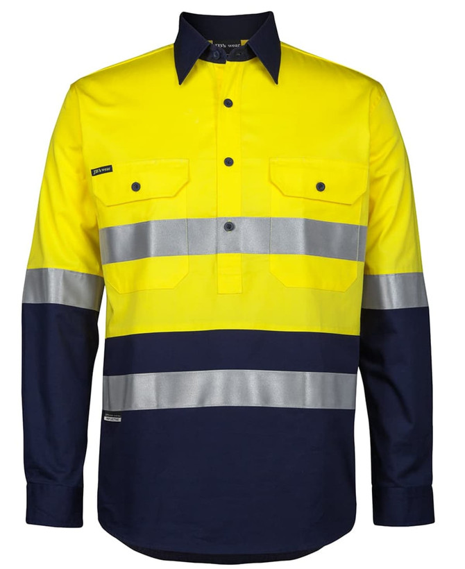 A long-sleeved work shirt featuring a bright yellow and navy colour scheme with reflective stripes and pockets.