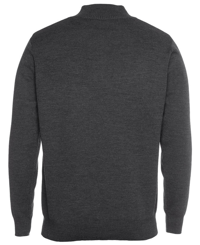 A dark grey men's corporate 1/2 zip jumper, featuring a knitted texture and a back view. Includes a logo.