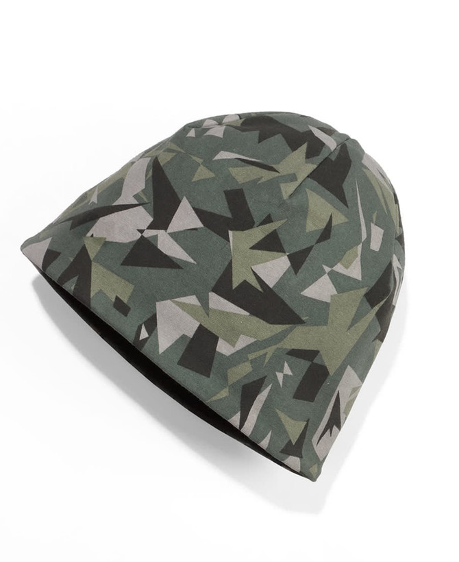 A green and grey patterned knitted beanie with a logo on the side.