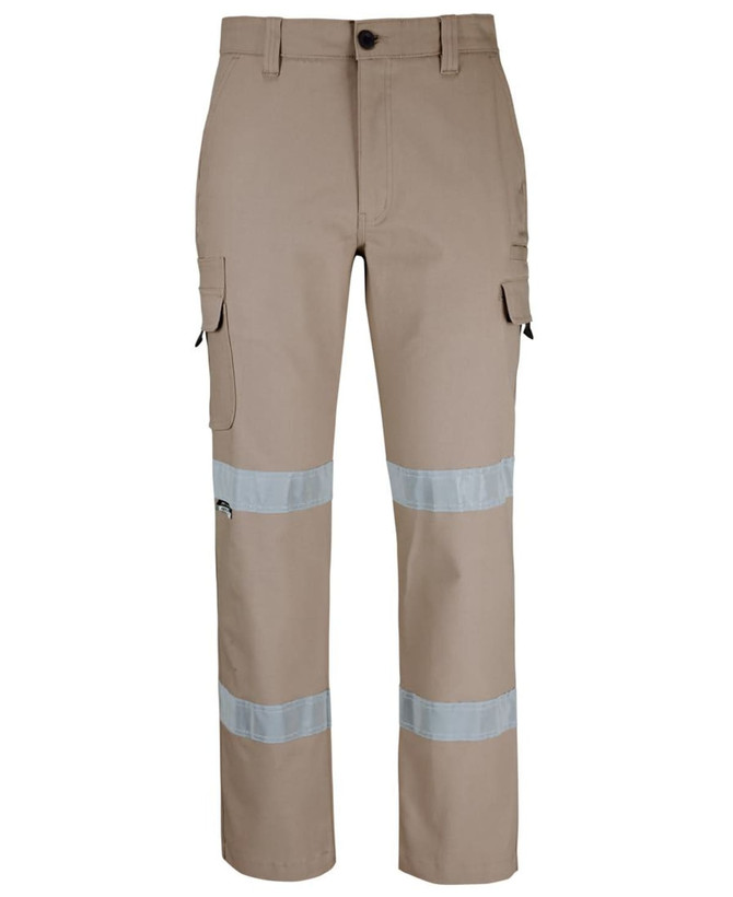 Cargo pants in tan with reflective D+N tape, featuring multiple pockets and a logo.
