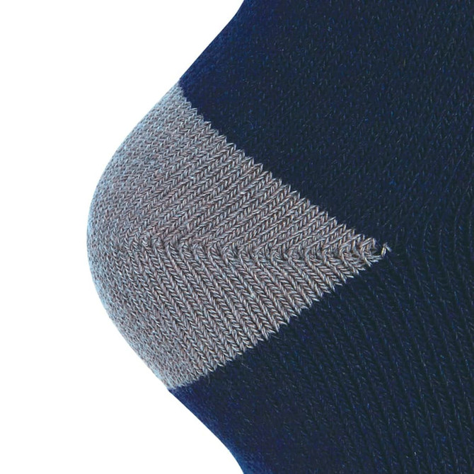 A close-up of a dark blue sock with a grey ribbed cuff, featuring a logo.