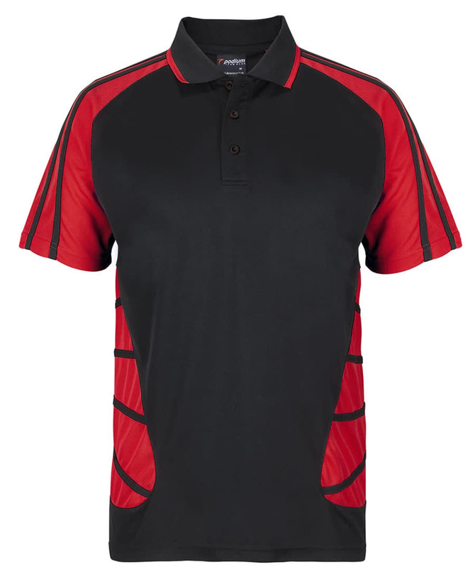 A black and red polo shirt with short sleeves and a logo on the collar. Features contrasting side panels.