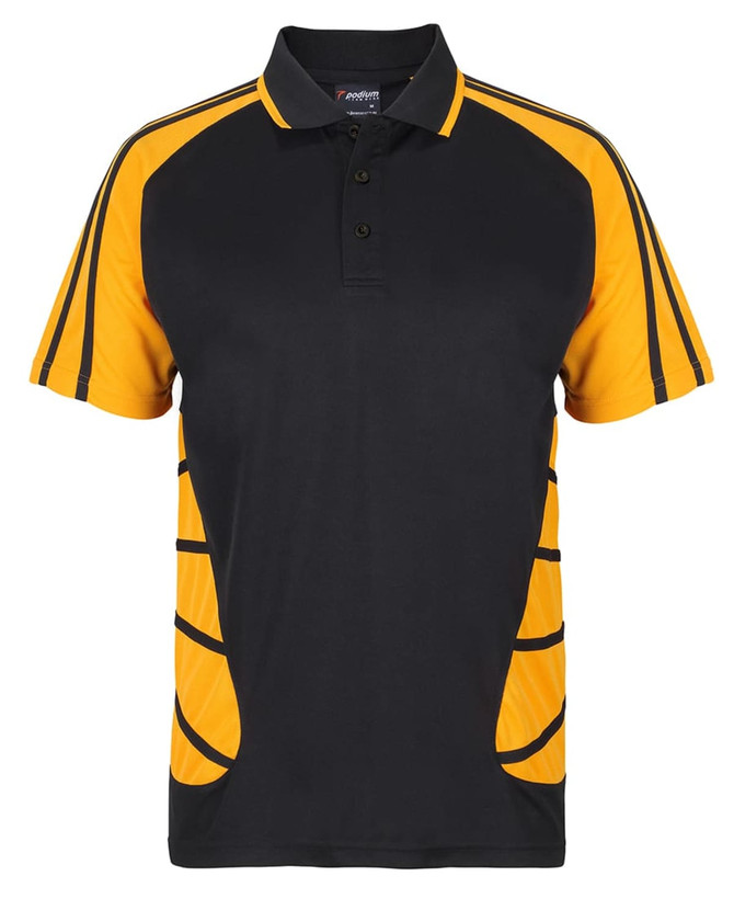 A black and yellow polo shirt with a branded logo and sporty design elements on the sides.