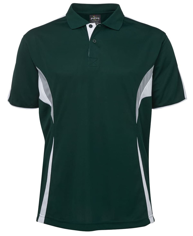 A dark green polo shirt with white accent panels and a collar. It features a logo on the chest area.