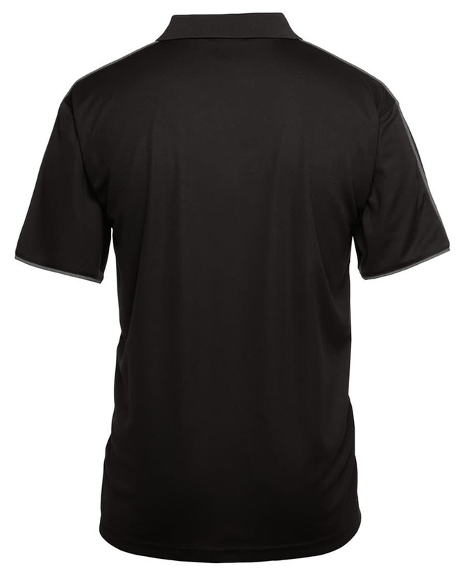 A black polo shirt featuring a collar and short sleeves, with a subtle branding detail on the back.
