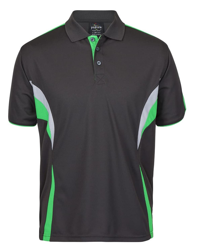 A black polo shirt with green and grey accents, featuring a collar and a logo.