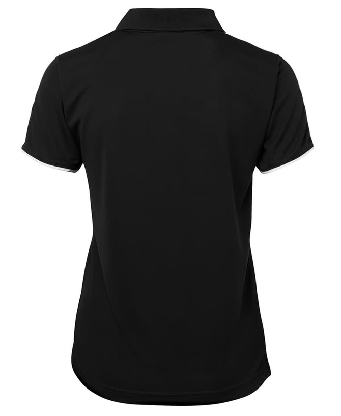 A black polo shirt featuring a classic design with short sleeves and a collar. It has a logo on the back.