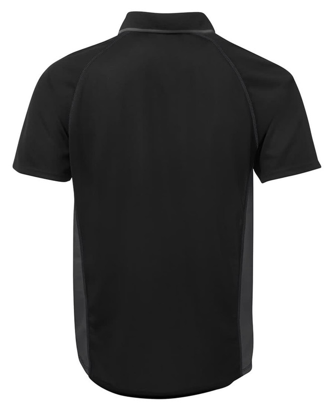 A black polo shirt featuring a fitted design and contrasting side panels, with a logo on the back.